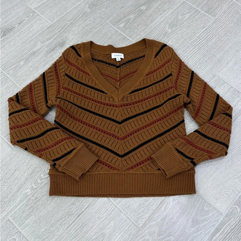 EVEREVE Sawyer Chevron Pullover Open Knit V Neck Pointelle Sweater Medium VGUC